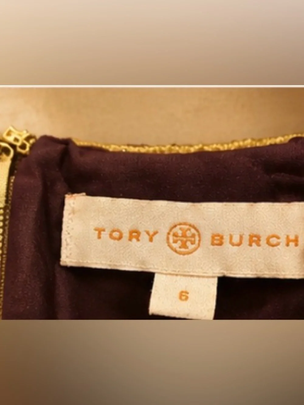 TORY BURCH GOLD BEADED EMBROIDERED PEPLUM TOP – SIZE 6